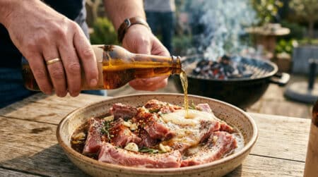 Personne versant de la bière sur des côtes de porc marinées