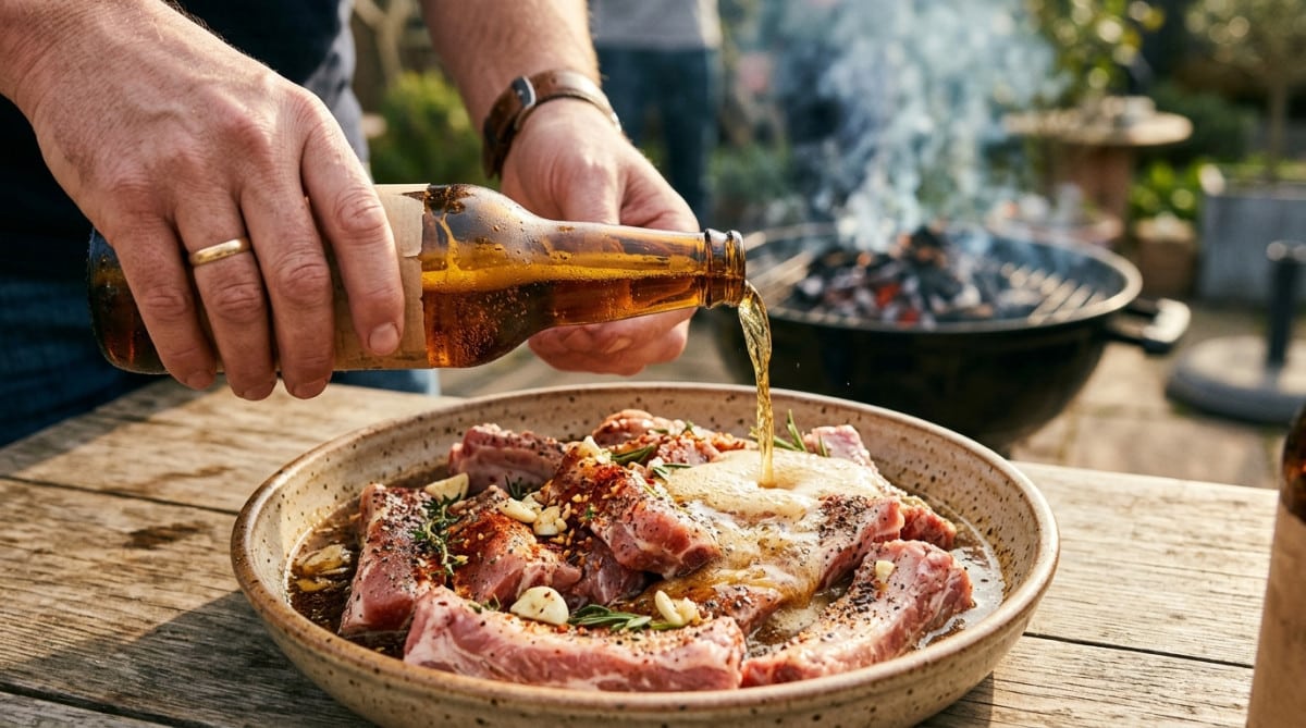 Personne versant de la bière sur des côtes de porc marinées