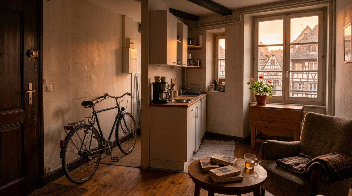 Petit appartement T2 à Strasbourg avec vélo dans l'entrée