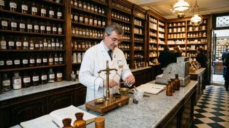 Pharmacien français des années 60 derrière son comptoir en marbre