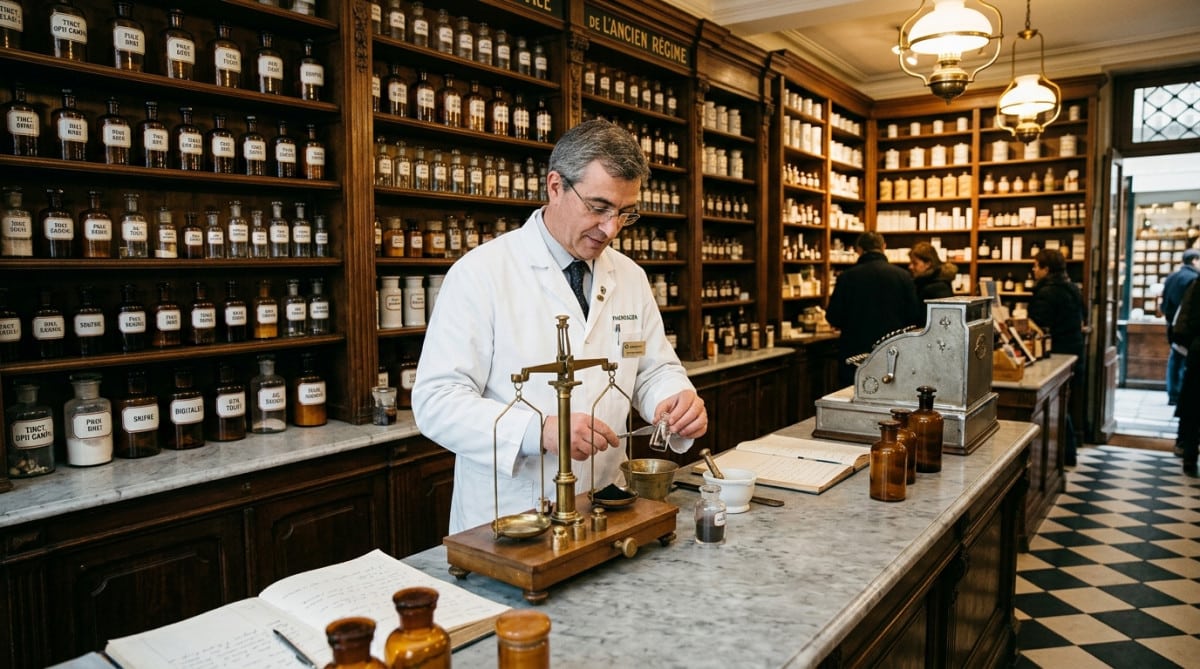 Pharmacien français des années 60 derrière son comptoir en marbre