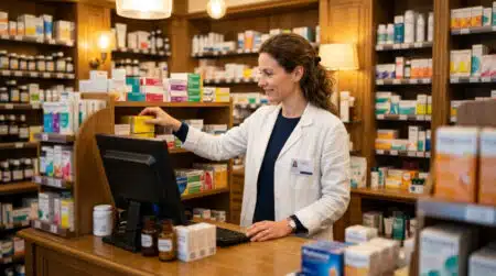 Pharmacienne en blouse blanche derrière le comptoir d'une officine