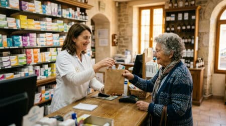 Pharmacienne remettant des médicaments à une cliente âgée