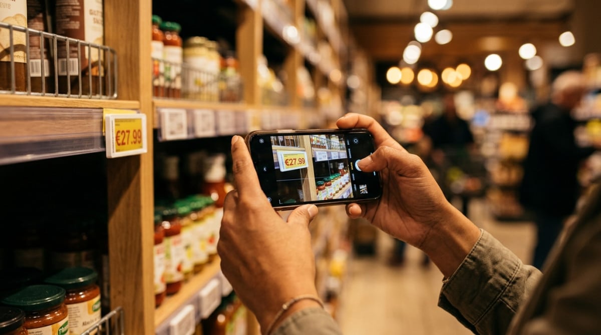 Photo du prix en rayon avec un smartphone