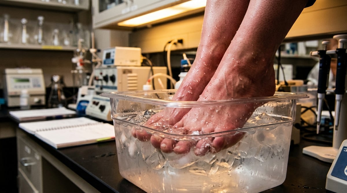Pieds plongés dans un bain d'eau glacée en laboratoire