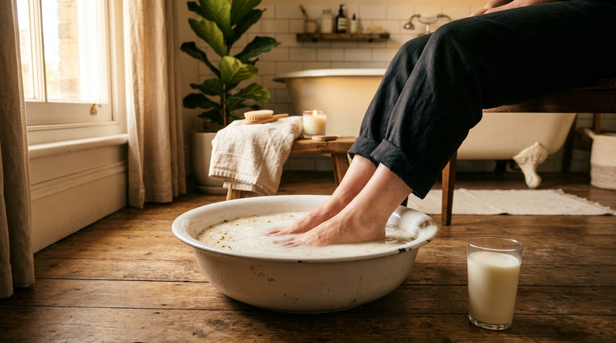 Pieds trempant dans un bain de lait tiède
