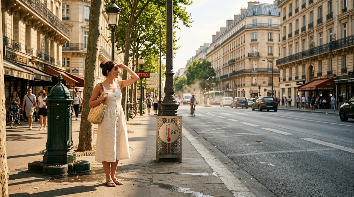 Piéton sous la chaleur dans une rue parisienne