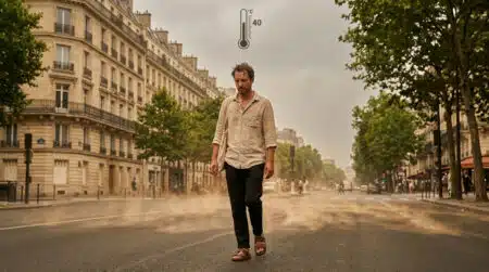 Piéton sous la chaleur écrasante à Paris 40°C