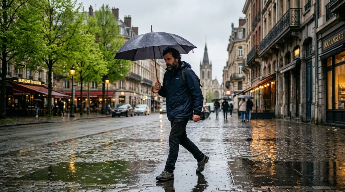 Piéton sous la pluie dans une ville du Nord