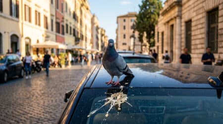 Pigeon posé sur un toit de voiture avec fiente visible