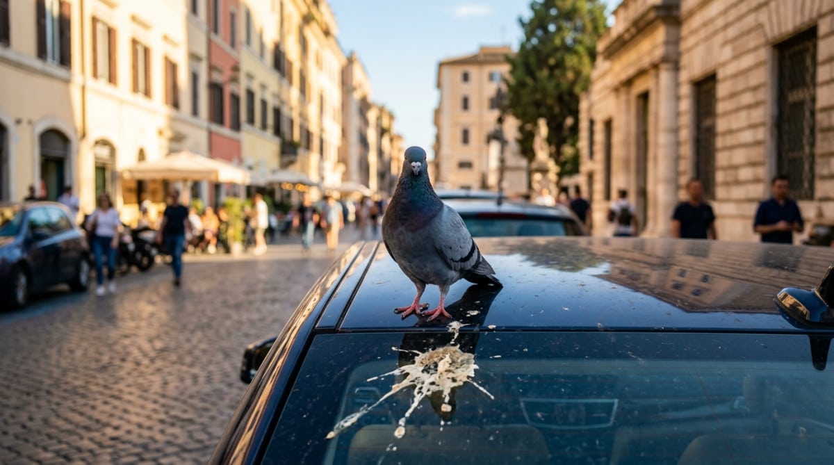 Pigeon posé sur un toit de voiture avec fiente visible