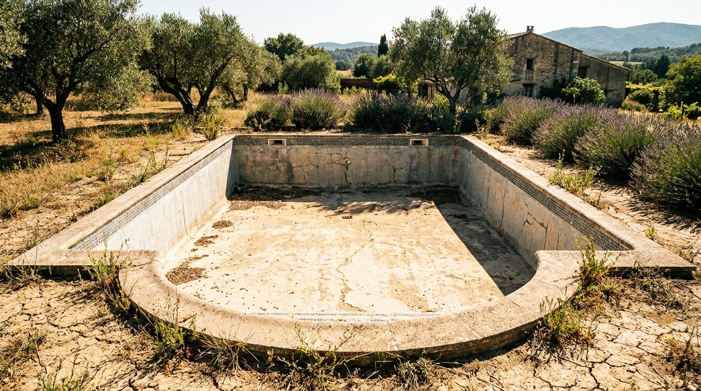 Piscine privée vide et sèche dans un jardin du sud de la France