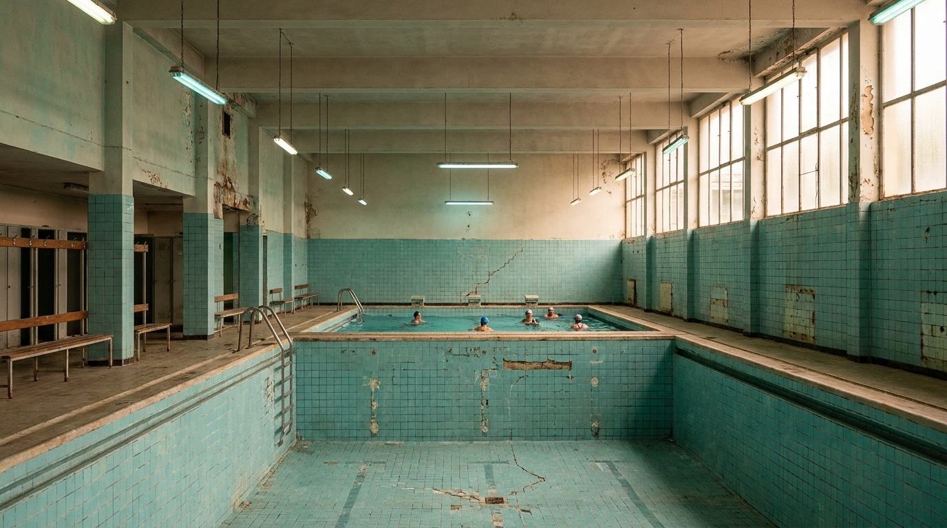 Intérieur d'une piscine municipale française aux carrelages usés