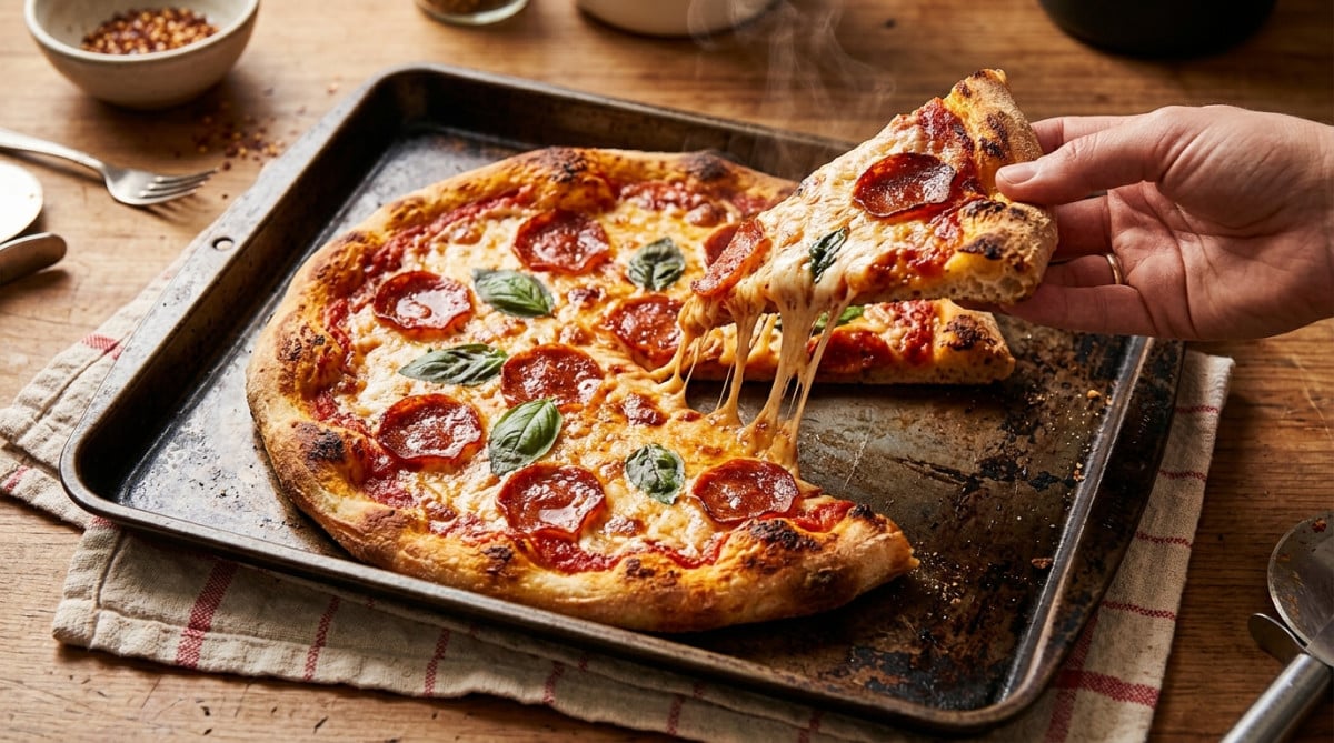 Pizza croustillante sortie du four avec croûte dorée