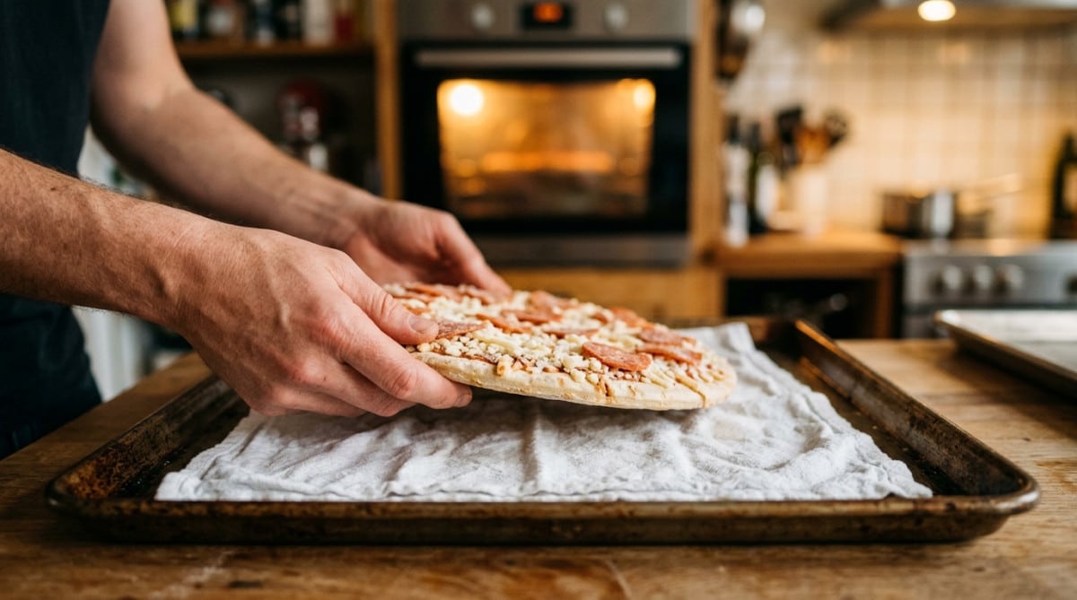 Pizza surgelée posée sur un torchon humide avant cuisson