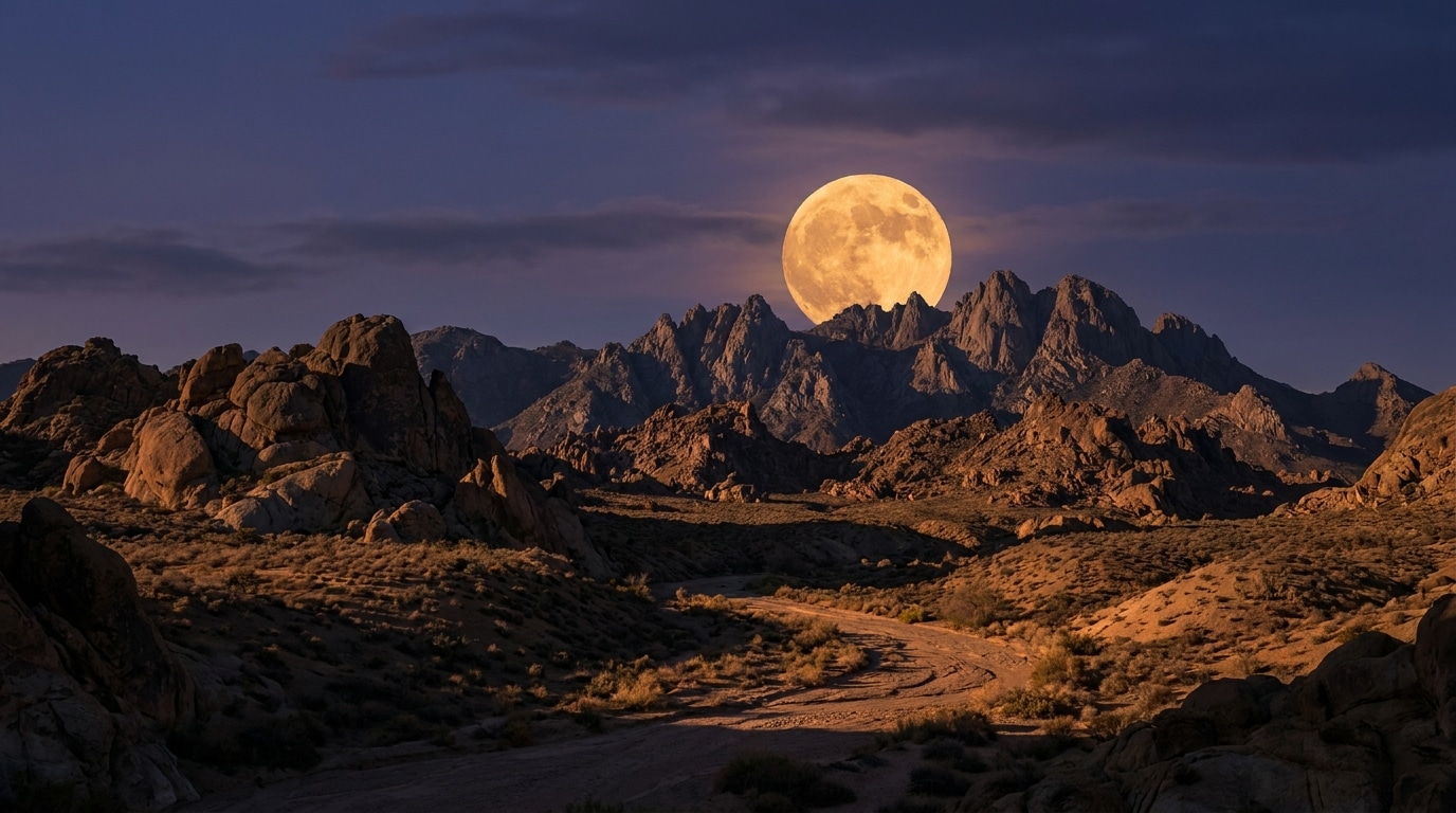 Pleine lune dorée au-dessus de montagnes rocheuses au crépuscule