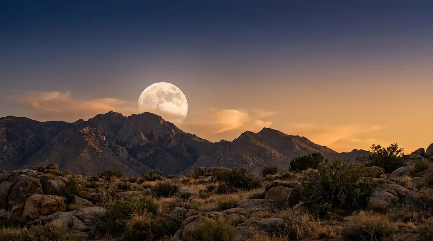 Pleine lune se levant derrière des sommets montagneux au crépuscule