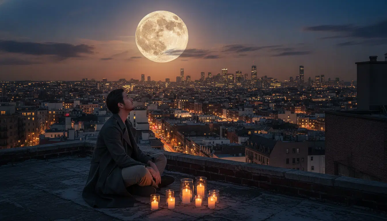 Personne observant la pleine lune depuis un toit au crépuscule