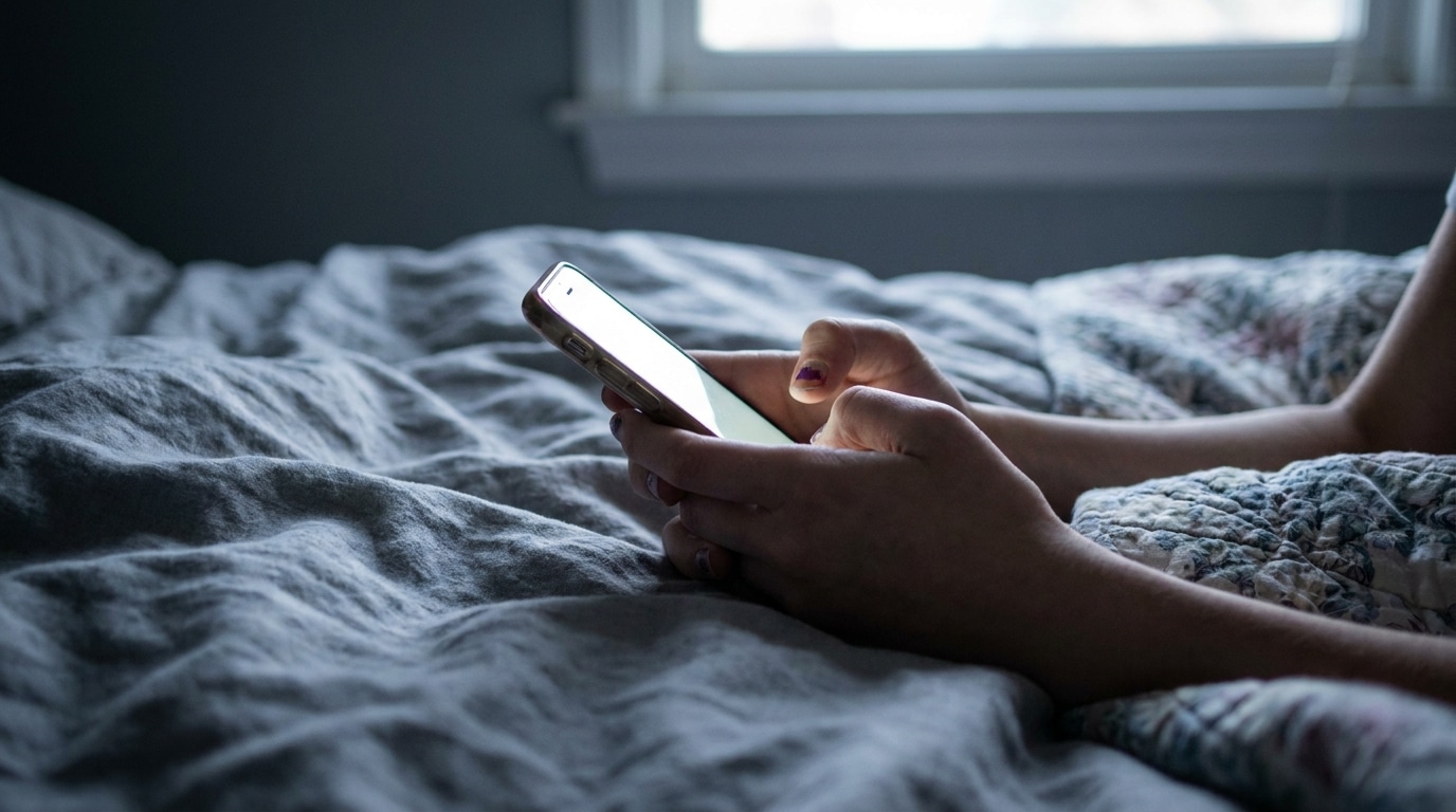 Mains d'adolescente tenant un smartphone dans une chambre sombre