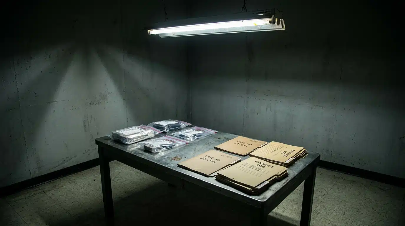 Table d'interrogatoire avec pièces à conviction sous scellés dans une salle de police