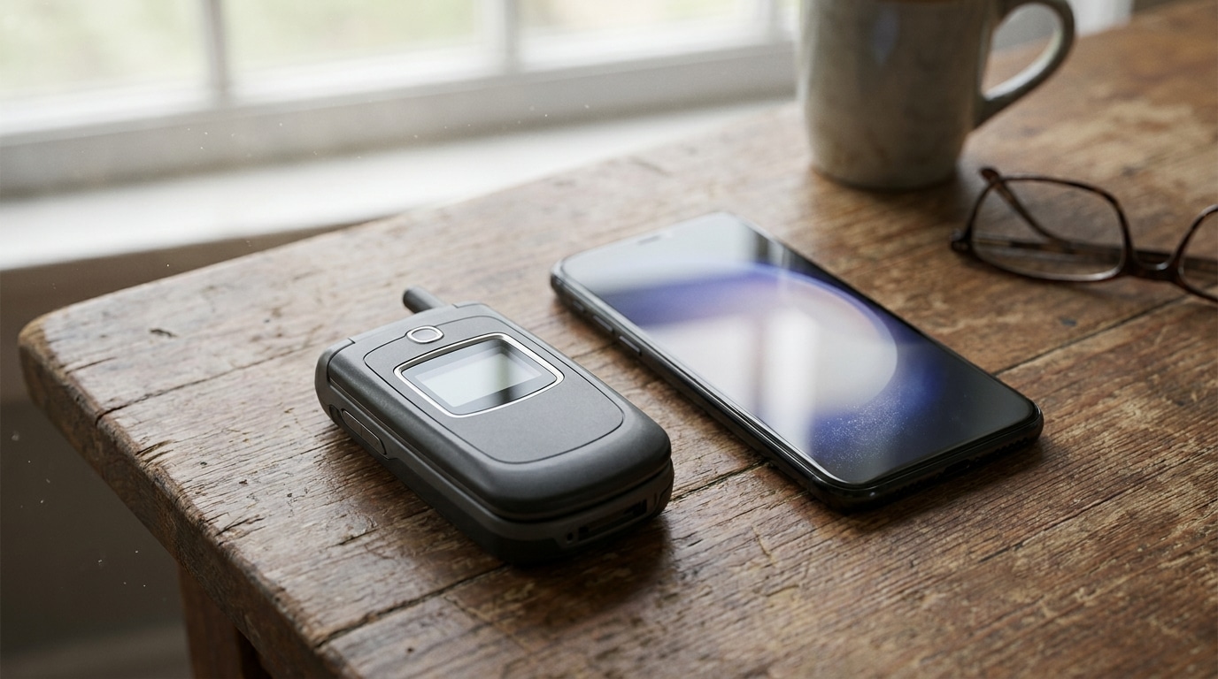 Téléphone à clapet posé à côté d'un smartphone sur une table en bois