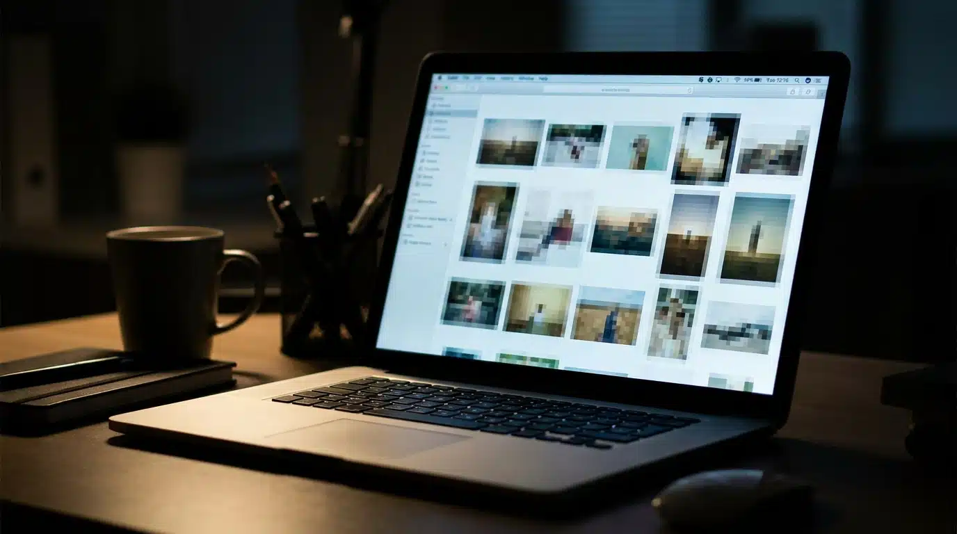Écran d'ordinateur affichant des photos compromettantes floues dans un bureau sombre, illustration de l'enquête sur Lenoir