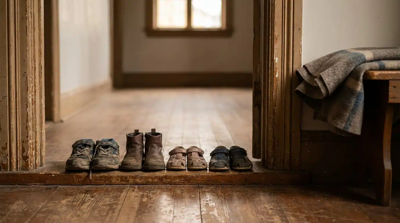 Cinq paires de chaussures d'enfants alignées près d'une porte