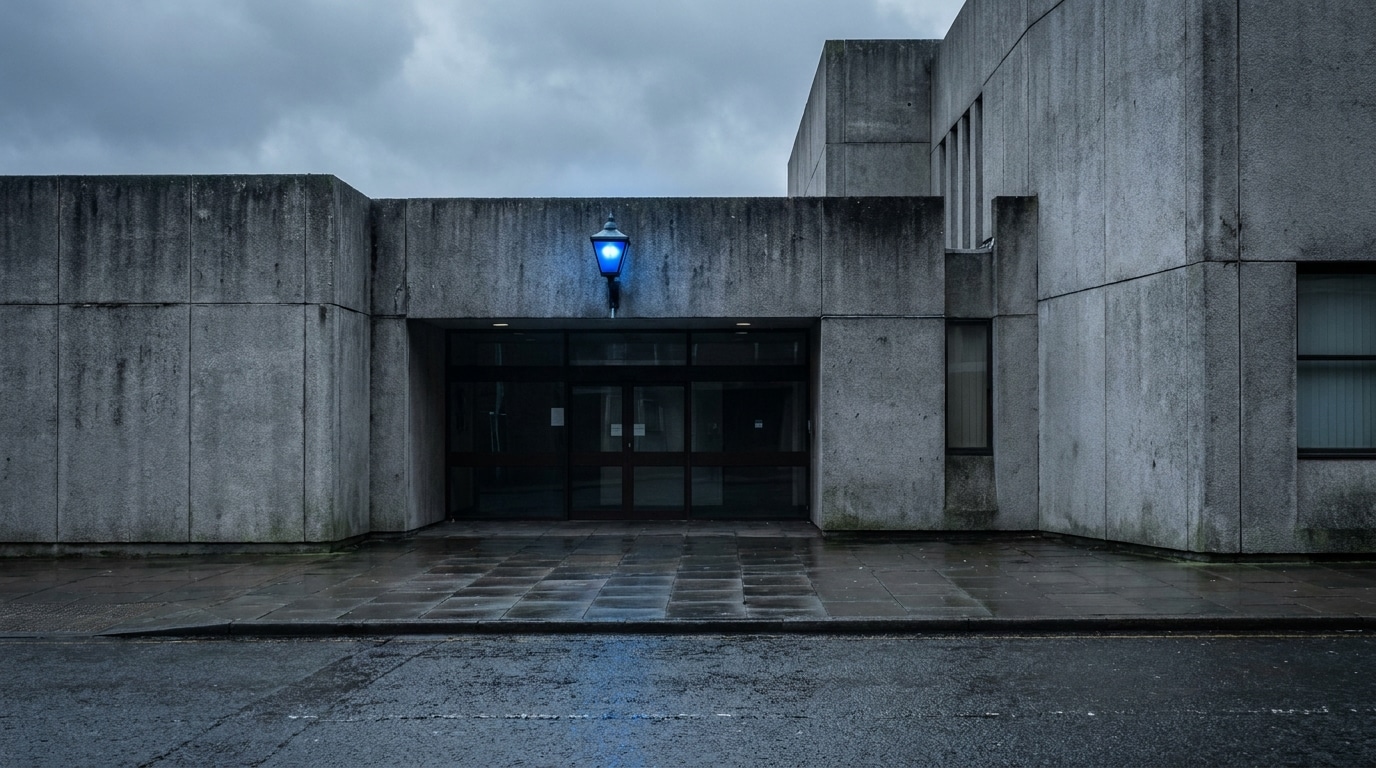 Façade d'un commissariat de police britannique sous un ciel gris
