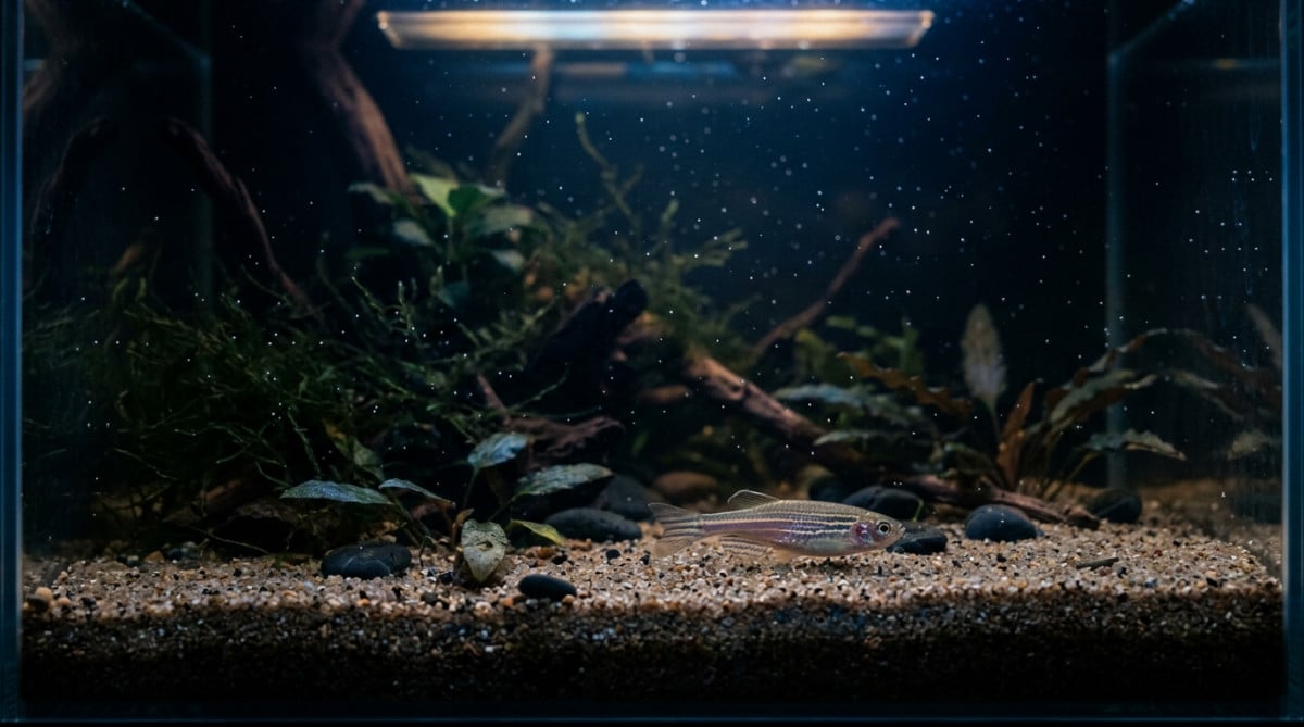 Poisson-zèbre immobile au fond d'un aquarium la nuit