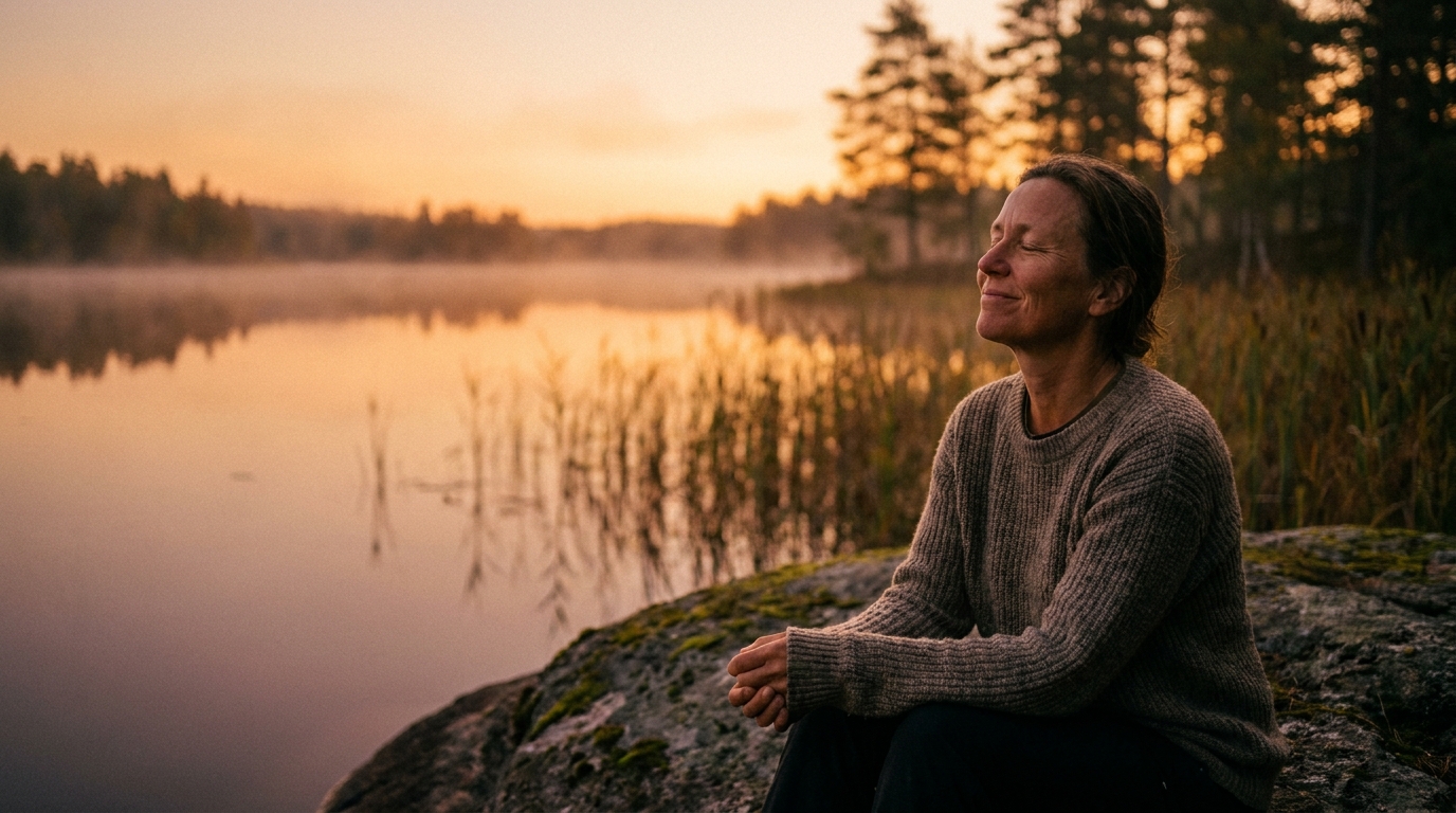 Personne les yeux fermés au bord d'un lac au crépuscule