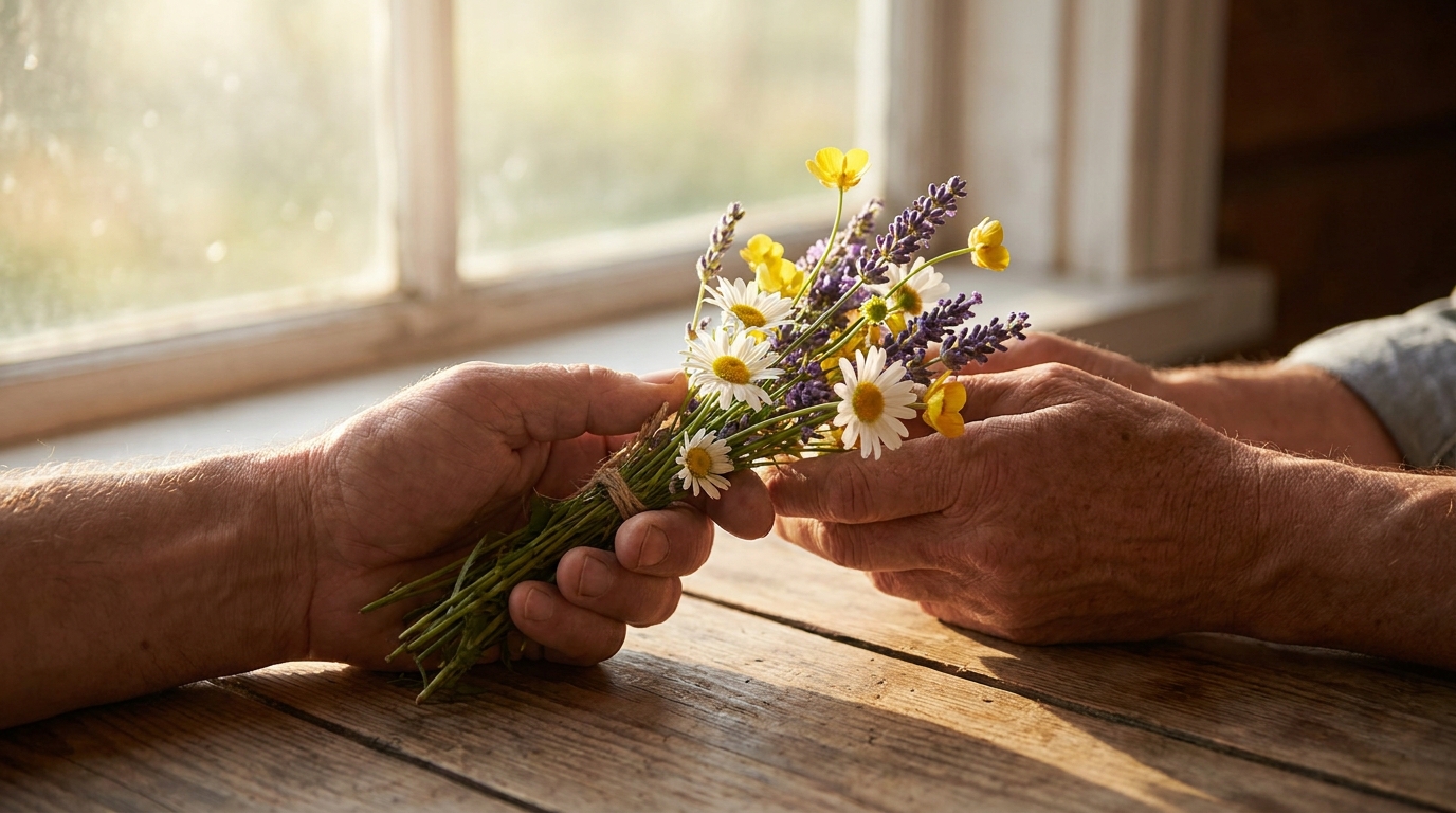 Mains tenant un bouquet de fleurs sauvages sur une table en bois