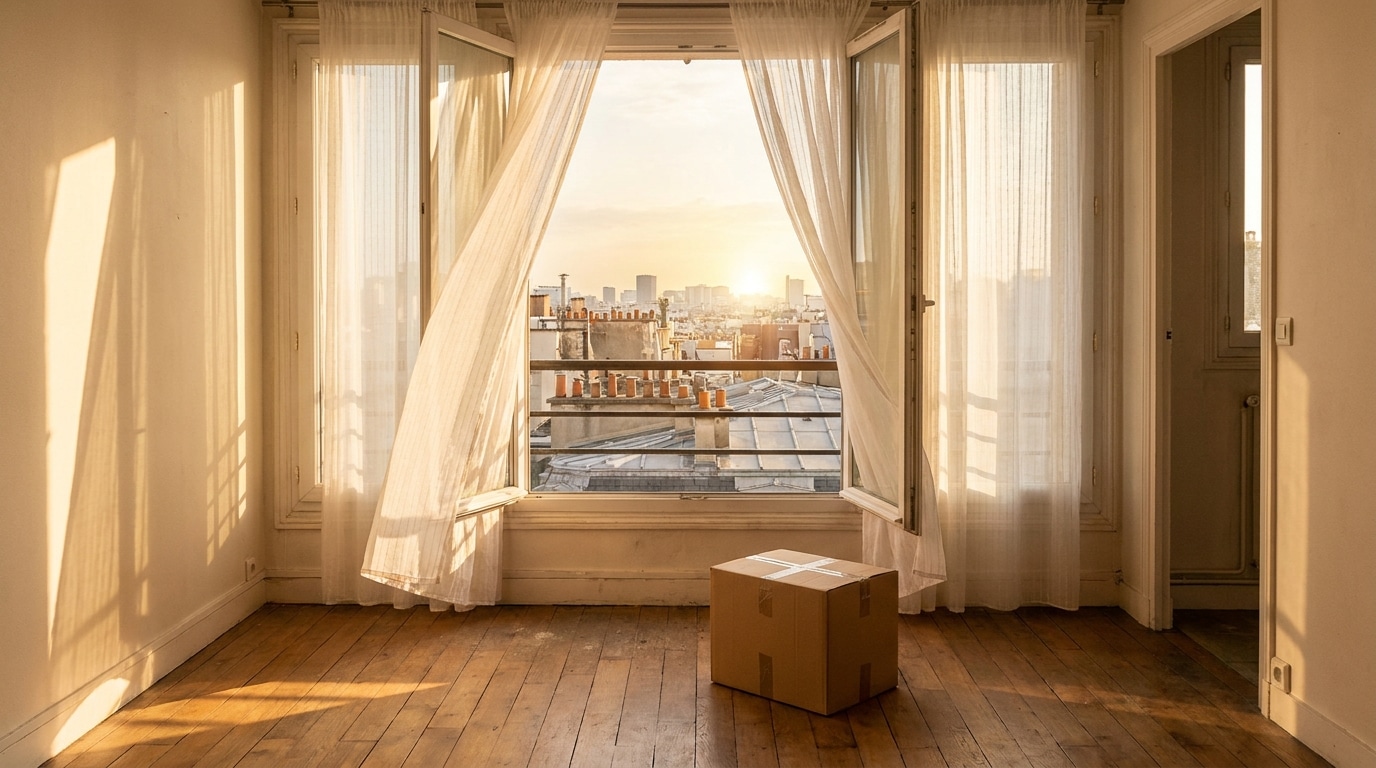 Fenêtre ouverte sur un lever de soleil avec carton de déménagement
