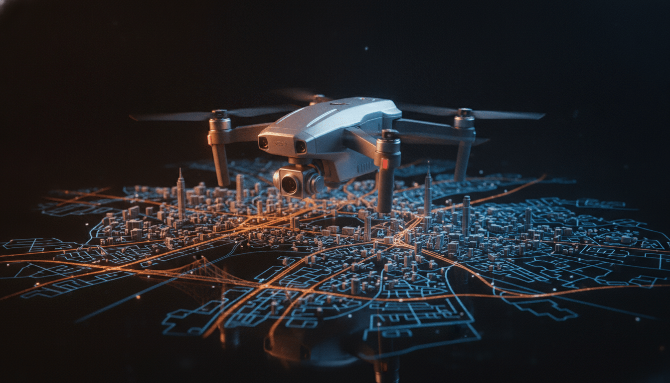 Drone militaire survolant une carte 3D urbaine numérique