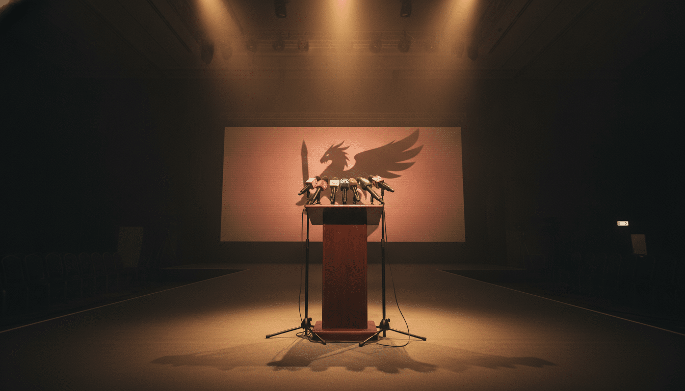 Podium de conférence de presse vide avec micros et écran