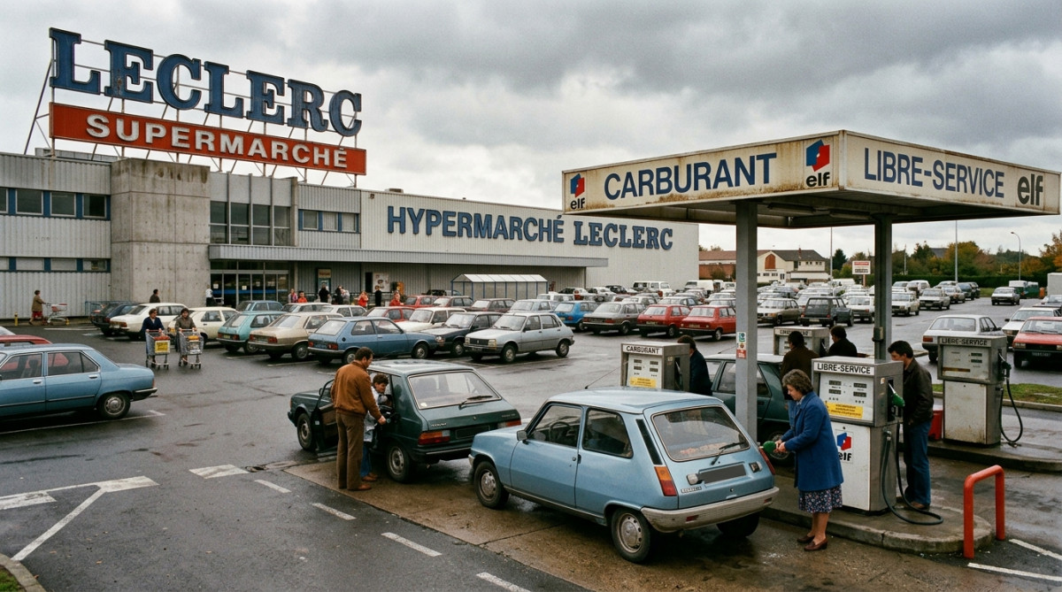 Pompes libre-service dans le parking d'un supermarché français années 80