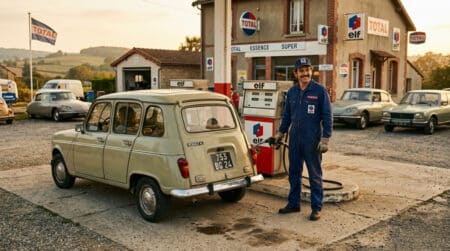 Pompiste en uniforme devant une station-service française des années 70