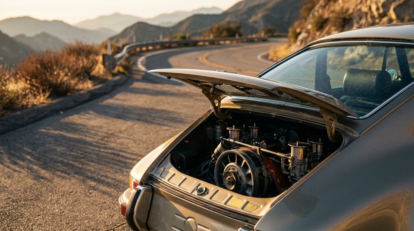 Porsche 911 garée sur une route de montagne au coucher du soleil