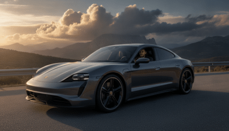 Porsche Taycan électrique garée sur autoroute au coucher du soleil