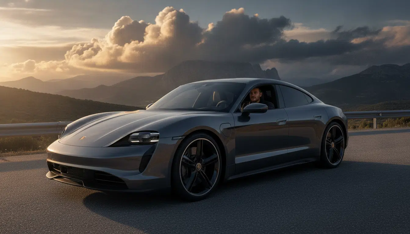 Porsche Taycan électrique garée sur autoroute au coucher du soleil