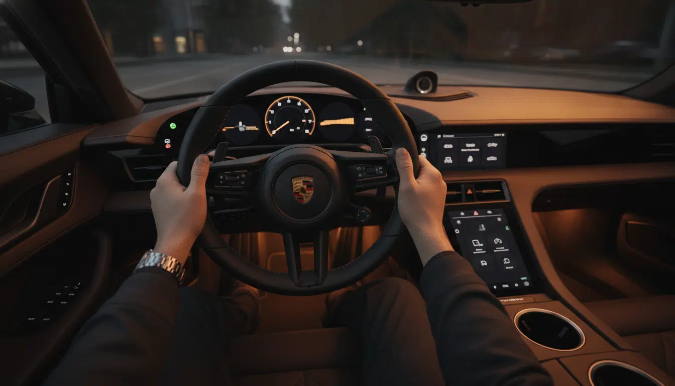 Intérieur Porsche Taycan avec palettes de vitesses et compte-tours virtuel