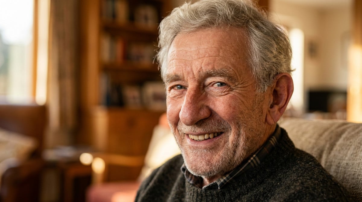 Portrait d'un homme âgé souriant au nez proéminent