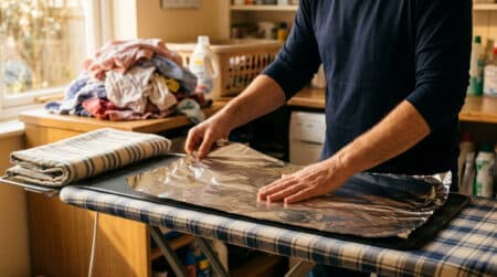 Pose d'une feuille d'aluminium sur une planche à repasser