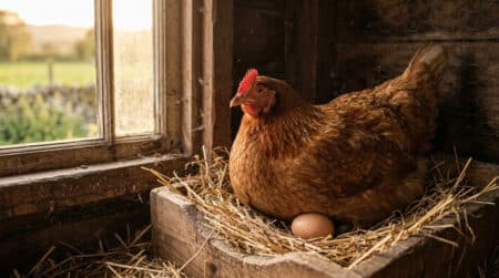 Poule rousse dans un nid avec un œuf fraîchement pondu