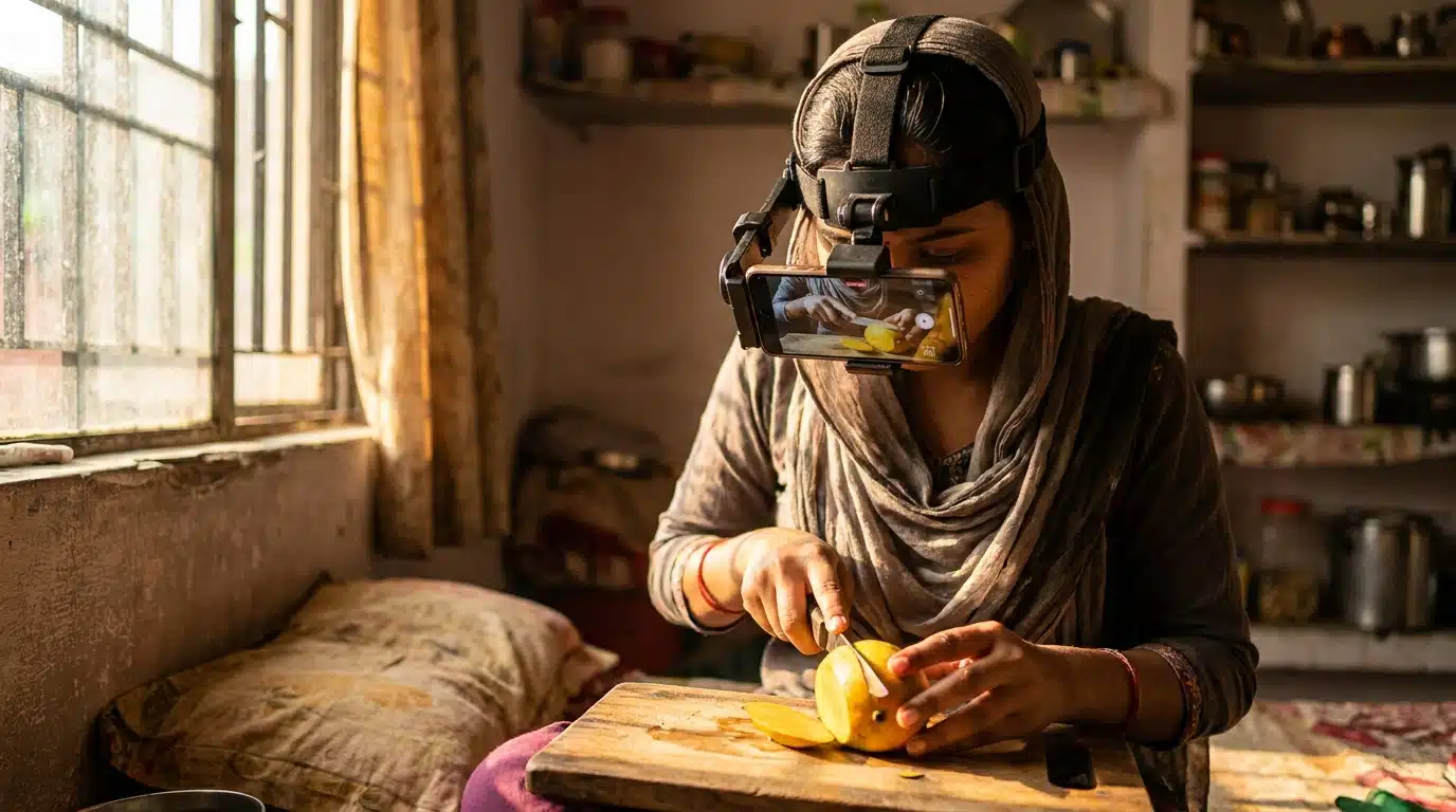 Jeune Indienne filmant ses mains coupant une mangue avec un smartphone frontal
