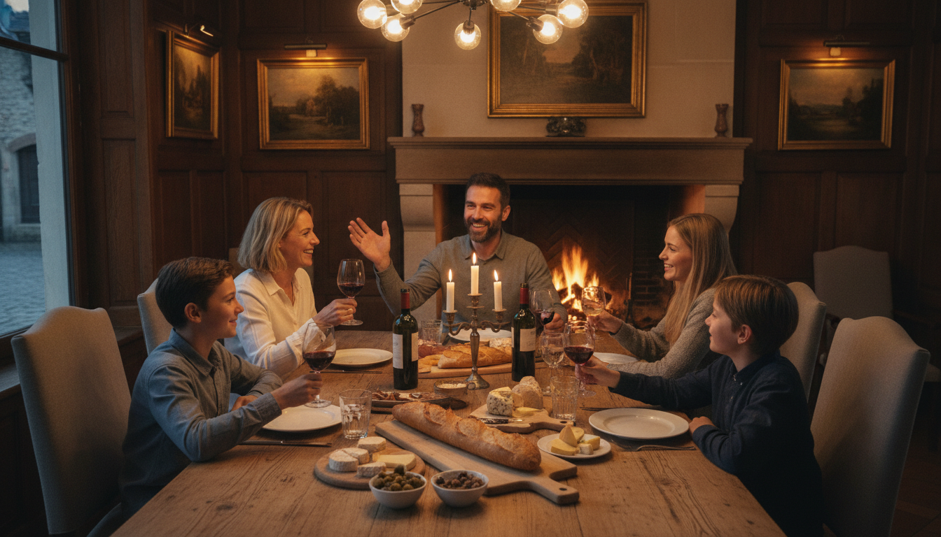 Famille française disant bon appétit à table