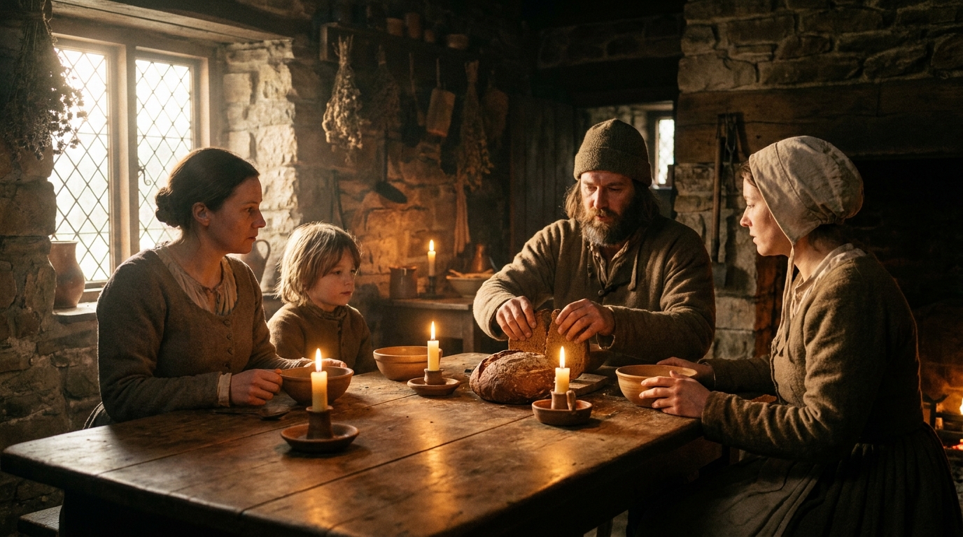 Famille paysanne médiévale rompant le jeûne à l'aube