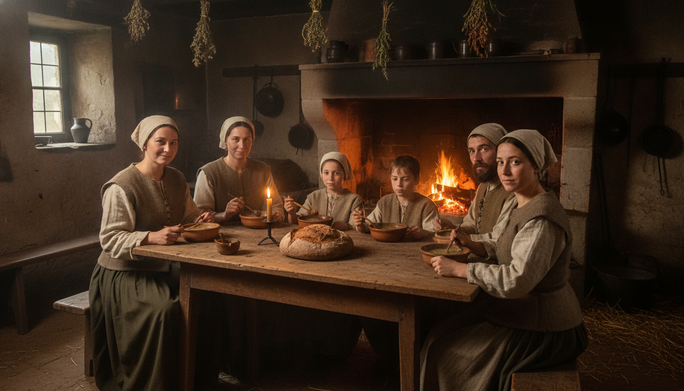 Famille paysanne française partageant un repas au XVIe siècle
