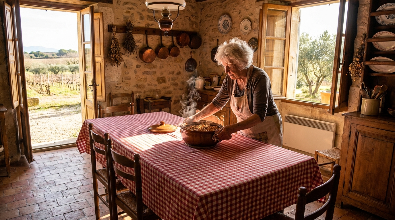 Grand-mère française servant le repas de midi en province