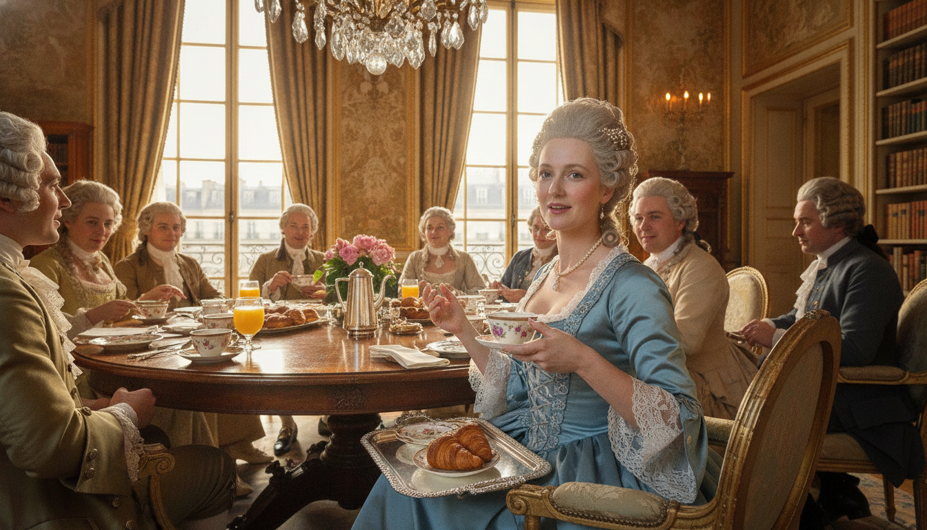 Petit-déjeuner élégant dans un salon parisien du XVIIIe siècle