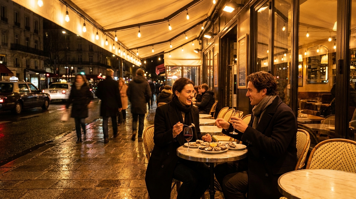 Souper tardif en terrasse d'une brasserie parisienne
